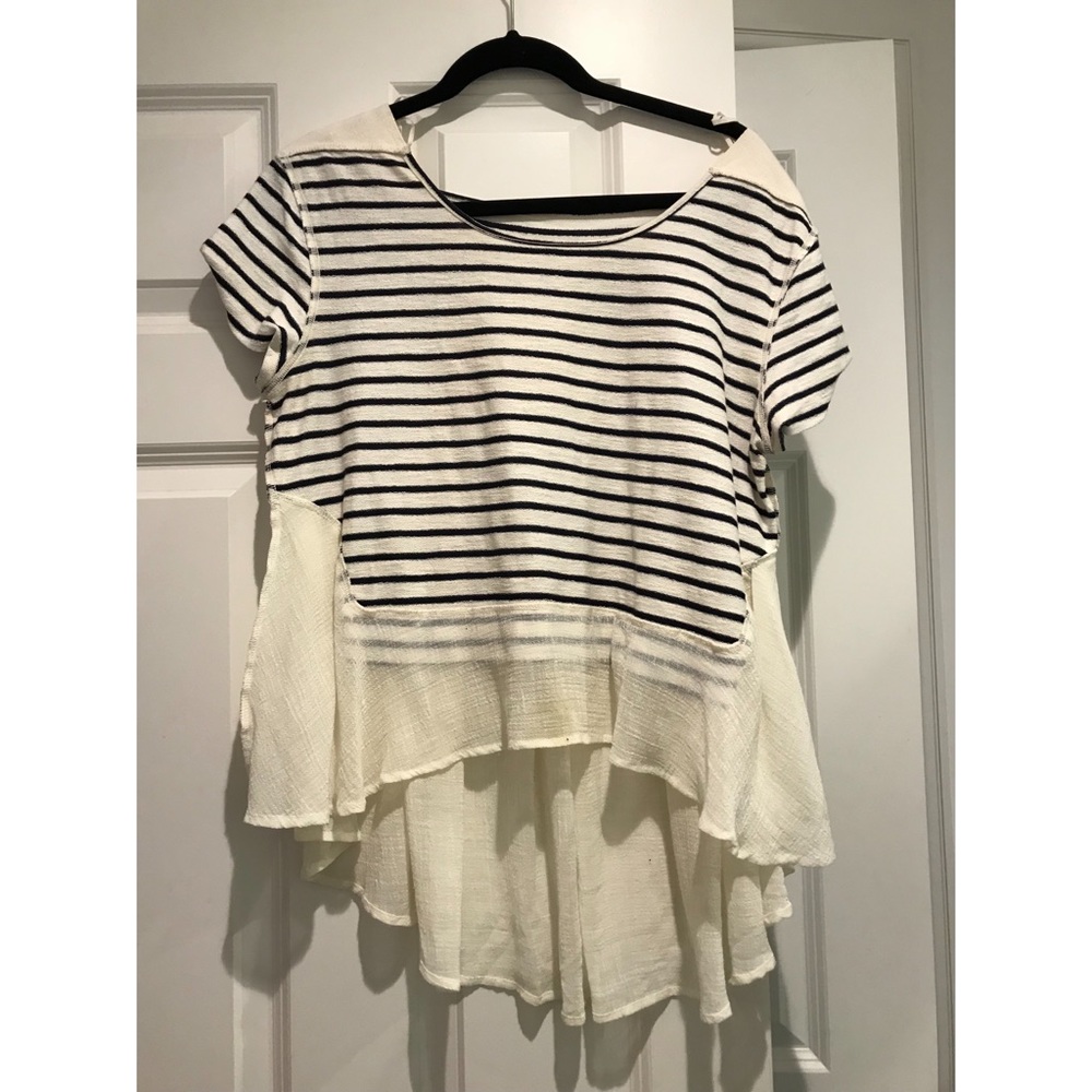 White and Navy Striped Blouse with Gauze Detailing